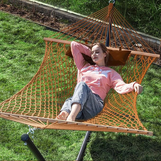 PNAEUT Double Hammock with Stand for Outside, Rope Hammocks with Hardwood Spreader Bar 2 Person, 12ft Heavy Duty Stand, Extra Pillow, Max 475 lbs Capacity (Mocha)