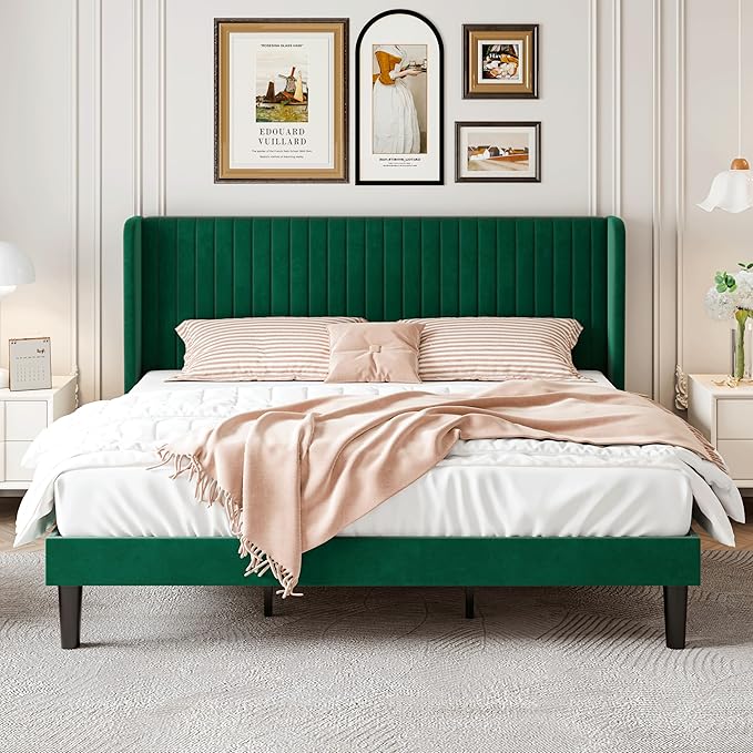 SHA CERLIN King Size Velvet Bed Frame with Vertical Channel Tufted Wingback Headboard, Upholstered Platform Bed with Wood Slats, No Box Spring Needed, Easy Assembly, Green