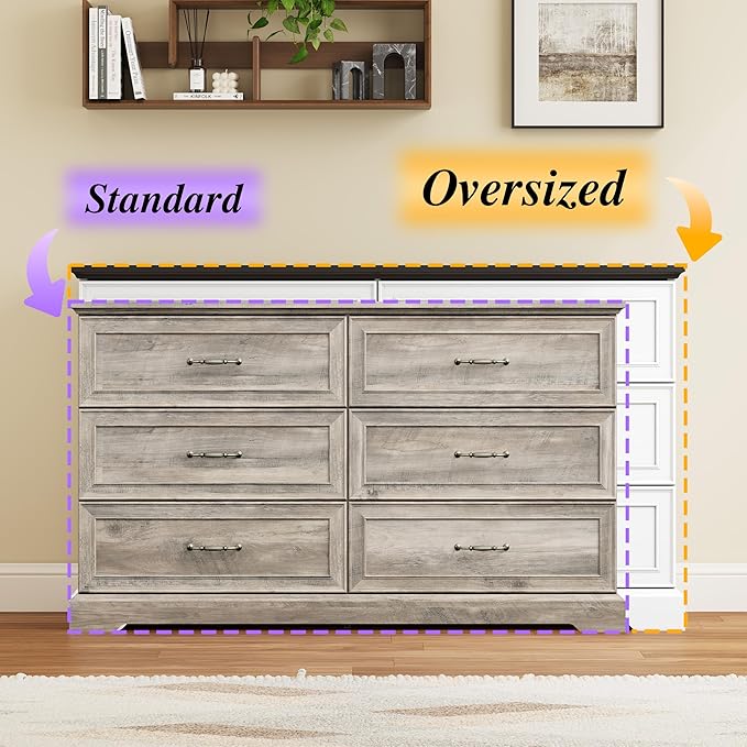 Dresser for Bedroom with 6 Drawer, Farmhouse Dresser for Closet, 53'' Wide Rustic Wooden Chest of Drawers with Natural Wood Texture, Vintage Storage Organizer for Living Room, Hallway, Grey