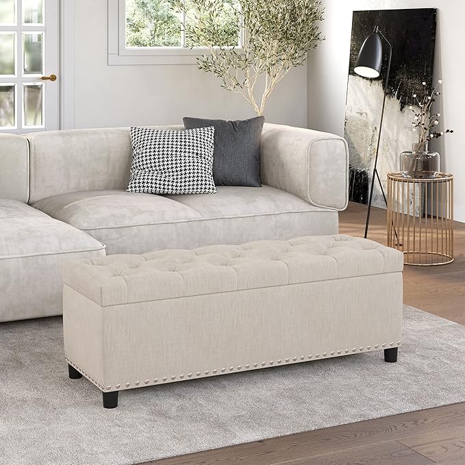 BELLEZE 47" Storage Ottoman, Storage Bench with Safety Close Hinge, Linen Button-Tufted Ottoman for Living Room, Entryway, Hallway, Foot Rest, Support 300lbs - Beige