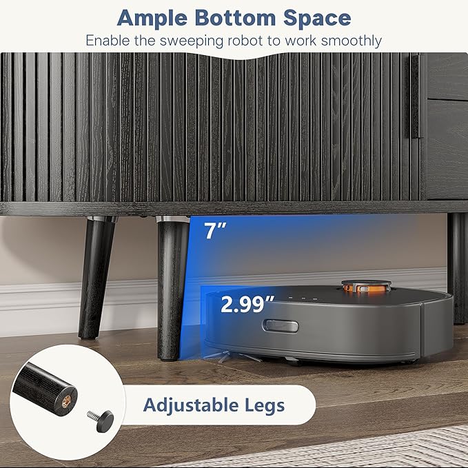 Alohappy 59" Mid Century Modern TV Stand with Charging Station, Curved Edge Fluted TV Console Table with Drawer and Shelf, Farmhouse Media Entertainment Center for Living Room, Bedroom, Black