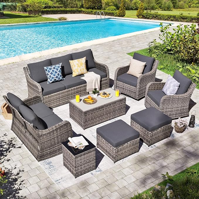 Patio Furniture Set with Swivel Rocking Chairs, 8 Pieces Patio Conversation Set, Outdoor Wicker Sofa Couch with Waterproof Cushions for Lawn Backyard Porch (Grey)