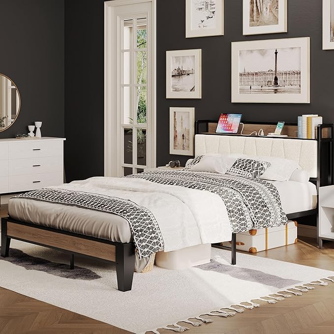 LIKIMIO Full XL Bed Frames, Storage Headboard with Charging Station, Solid and Stable, Noise Free, No Box Spring Needed, Easy Assembly, Wood and Cream