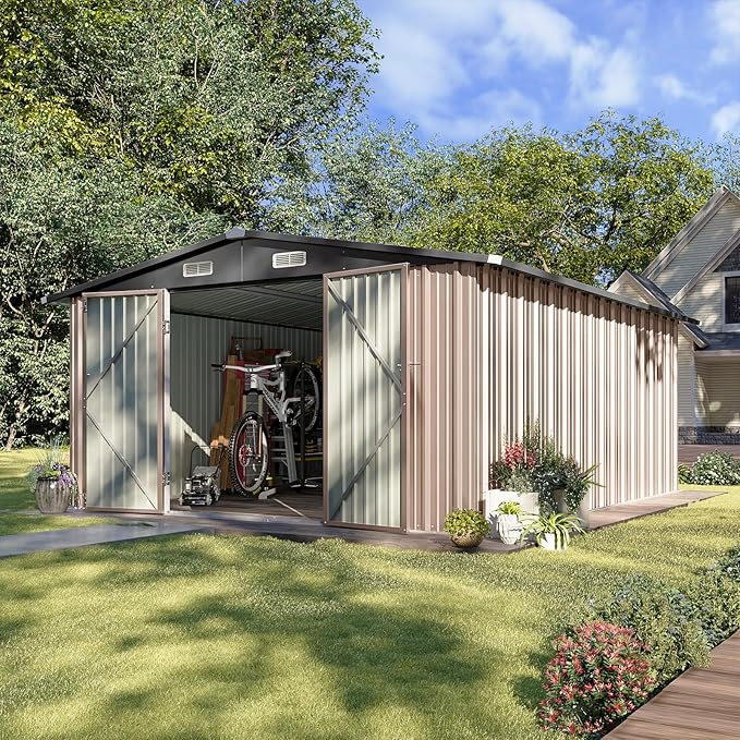 Aoxun 10 x 12FT Outdoor Storage Shed with Double Hinged Large Door Utility Garden Shed with Lockable Door & Sloped Roof Metal Sheds Outdoor Storage for Garden, Backyard, Patio and Backyard, Brown
