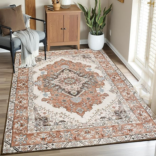Vintage Area Rug 5x8 Rugs, Machine Washable Vintage Area Rug Non-Slip Low Pile Large Rug for Living Room, Bedroom, Farmhouse, Dining Room, Orange
