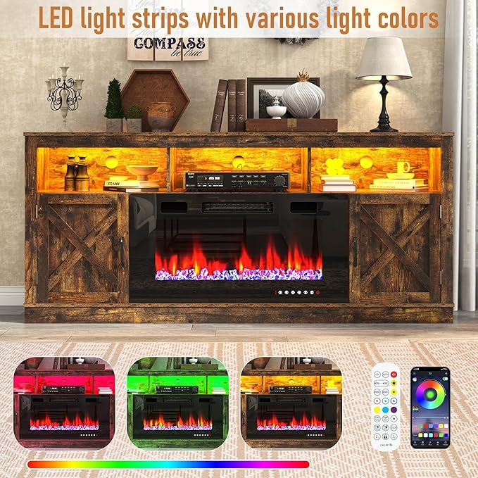 Farmhouse TV Stand with 36" Fireplace for 80" TV, 70" Entertainment Center with Barn Doors and LED Light, Tall Fireplace TV Stands for Living Room, Rustic Brown