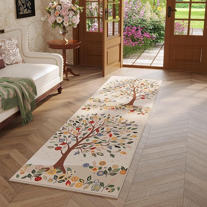 Runner Rug for Kitchen Rug Non Slip 2'6"x8' Washable Rugs Bohemian with Rubber Backing Floral Tree Soft Carpet for Kitchen, Laundry, Bedroom, Bathroom, Beige