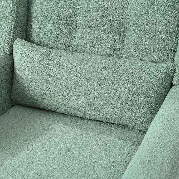 Accent Chair, Comfy Upholstered Living Room Chairs with High Tufted Backrest and Pillow, Wingback Reading Chair with Solid Wood Legs for Bedroom/Office, Teddy Fabric, Light Green