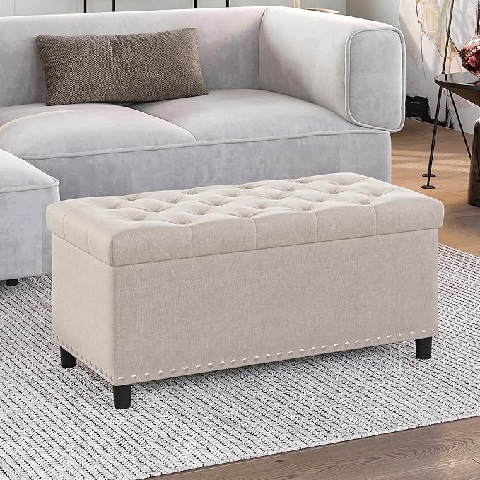 BELLEZE 35" Tufted Ottoman, Storage Bench with Safety Close Hinge, Ottoman with Storage for Living Room, Entryway, Hallway, Foot Rest, Support 300lbs - Beige