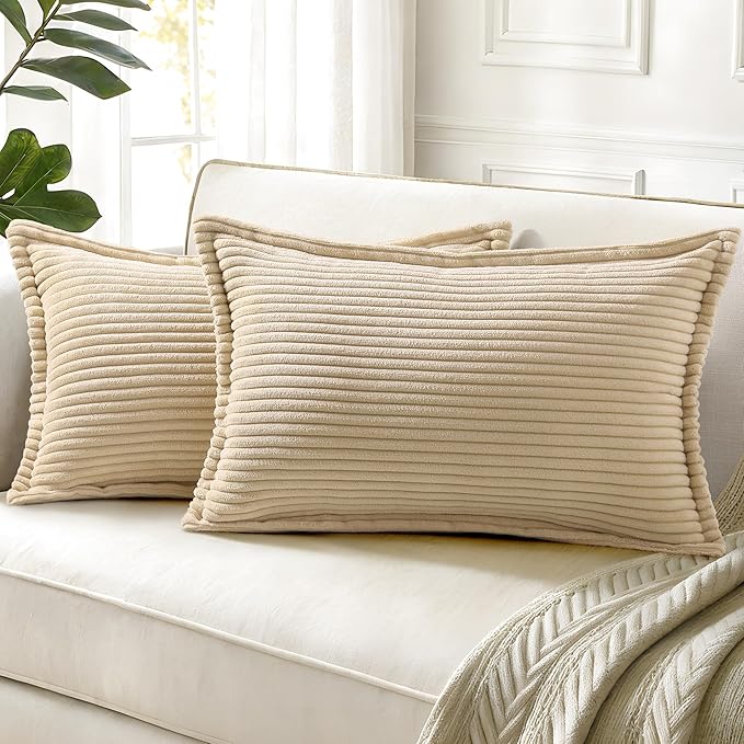 decorUhome Corduroy Beige Throw Pillow Covers 12x20 Set of 2 Decorative Soft Boho Striped Lumbar Neutral Euro Farmhouse Couch Pillow Covers with Broadside for Living Room Bed Sofa