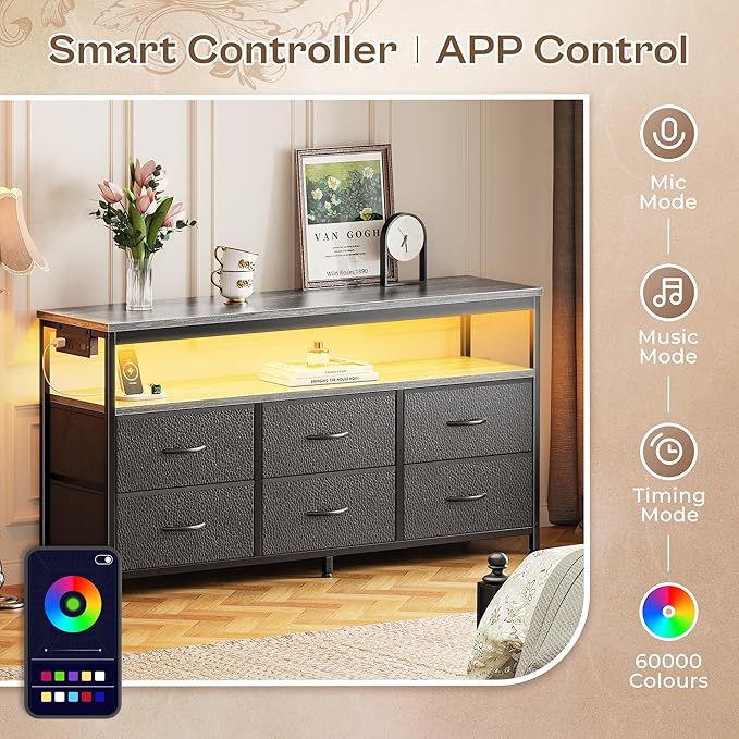 Huuger LED TV Stand for Bedroom, 47 Inch Dresser TV Stand for 43, 50, 55 Inch TV, Grey Black TV Stand with Storage, Entertainment Center with Power Outlets, 6 Drawer Fabric Dresser for Living Room