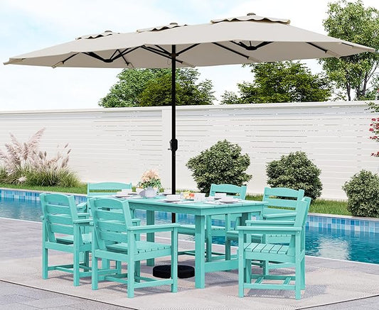 SERWALL 8-Piece Patio Dining Sets with 15FT Double Side Patio Umbrella, Outdoor HDPE Dining Furniture Set with Umbrella Hole Cut-Out Table and 6 Chairs, Aruba（Umbreall Base not Included）