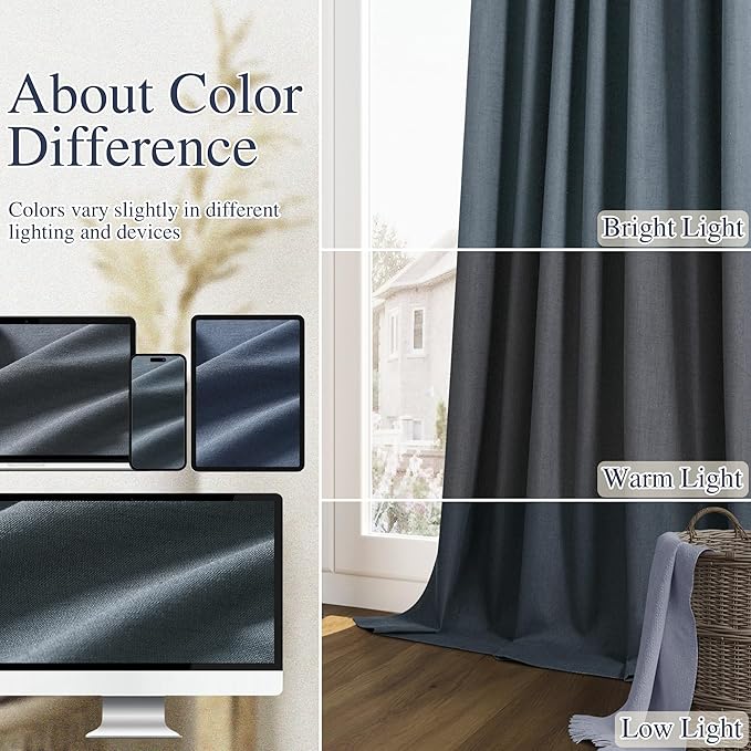 Guken 100% Blackout Linen Curtains 80 Inch Length 2 Panels Set for Living Room Bedroom Back Tab Thermal Insulated Black Out Linen Drapes Room Darkening Window Curtains,Vintage Blue
