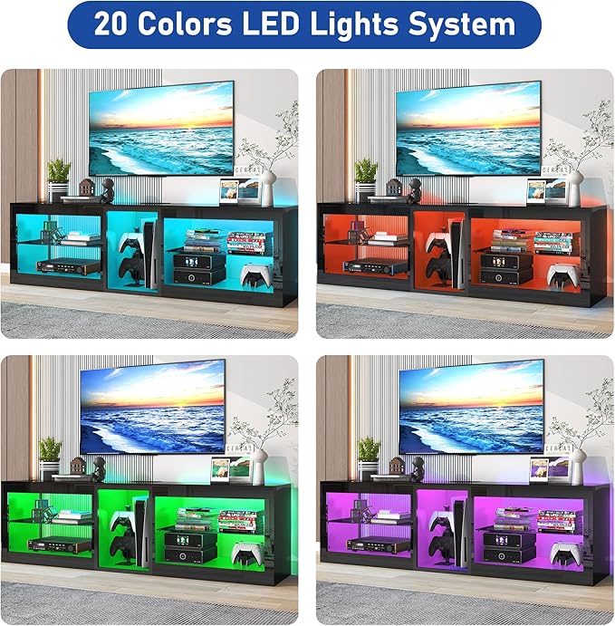 Vinctik 6&Fox LED TV Stands w/Power Outlet,60,00-Colors Lighting for 65 70in TV, 63" Modern High Gloss Entertainment Center,TV Console W/Adjustable Glass Shelves for Living Room Game Bedroom (Black)