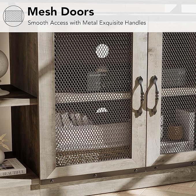 CABIHOME Farmhouse TV Stand for 75/80 inches TVs, Entertainment Center with Storage Cabinet and Mesh Doors, Industrial Media Console Cabinet Table, Living Room Media Furniture, Light Grey