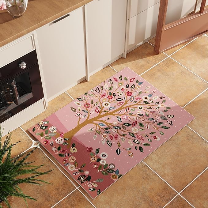 Door Mat Indoor Entrance 2x3 Rug Floral Tree Machine Washable Small Area Rug Bohemian Non-Slip Low Pile Throw Rugs for Entryway, Kitchen, Front Door Indoor Entrance, Entry, Kids Room, Pink