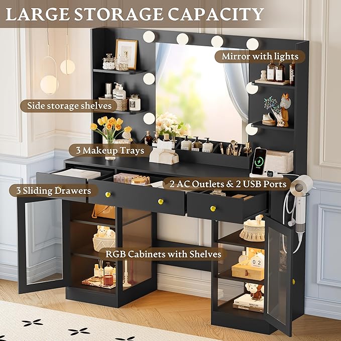 Vanity Desk with Mirror and Lights, Makeup Vanity Set with 3 Storage Drawers & Adjustable Shelves, Dressing Table with RGB Cabinets & Charging Station, 3 Lighting Modes for Women Kids Bedroom, Black