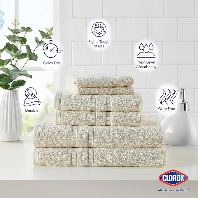 CLOROX Bleach Friendly Towel Set, Quick Dry 100% Cotton Highly Absorbent Lightweight, 2 Bath, 2 Hand, 2 Washcloth Towels Ideal for Everyday Use (6 Pack, Ivory)