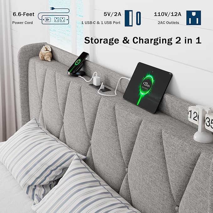 King Size Bed Frame with 4 Storage Drawers, Upholstered Platform Bed with Charging Station, Modern Wingback Storage Headboard, Easy Assembly,Noise-Free, Light Gray