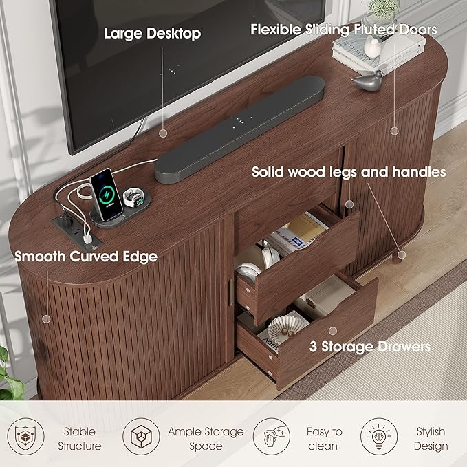 Alohappy 59" Mid Century Modern TV Stand with Charging Station, 32" Tall Farmhouse Curved Edge Media Console Table with Drawer and Shelf, Fluted Entertainment Center for Living Room, Bedroom Walnut