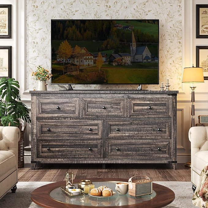 Farmhouse Dresser & Chest of Drawers, 7 Drawer Dresser with Smooth Metal Rails, Wide Large Storage Drawers and TV Stand for Bedroom, Hallway, or Closet