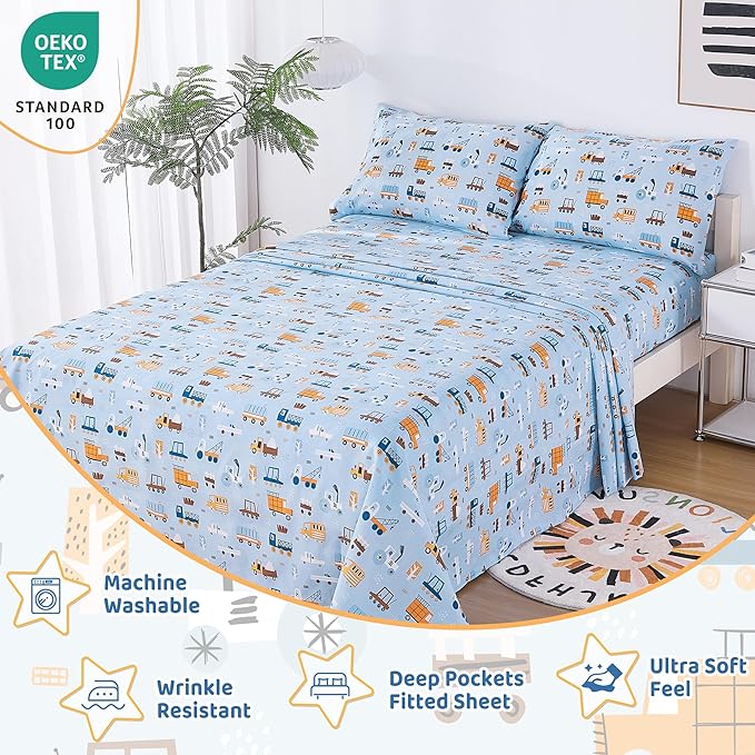 Viviland 3 Pieces Boys Blue Truck Twin Sheet Set - Soft Microfiber Fitted Flat Sheets & Pillowcase - Construction Truck Bedding Sets - for Kids & Toddlers