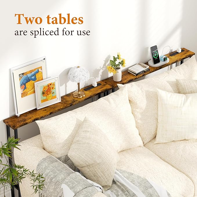 GRLEAF 39" Narrow Console Sofa Table with Built-in Power Strip (4 AC Outlets & 4 USB Ports) – 4.9ft Power Cord, Metal Frame, Easy Assembly, Ideal for Behind Couch, Hallway, and Office | Rustic Brown