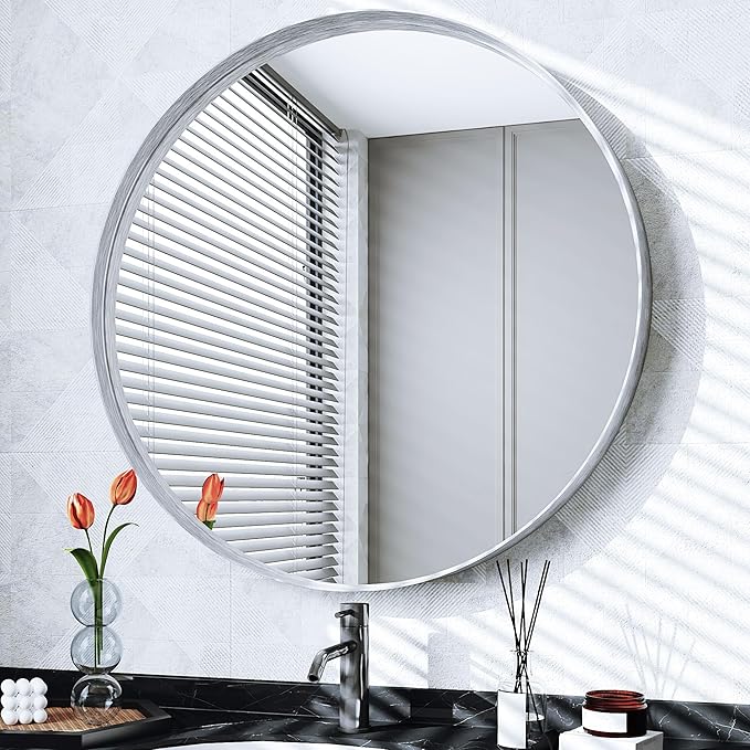 Suidia 30" x 30" Bathroom Mirror, Bathroom Vanity Mirror Metal Framed, Wall-Mounted Mirrors for Bedroom, Living Room, Entryway, Hallway, Silver, Round Style