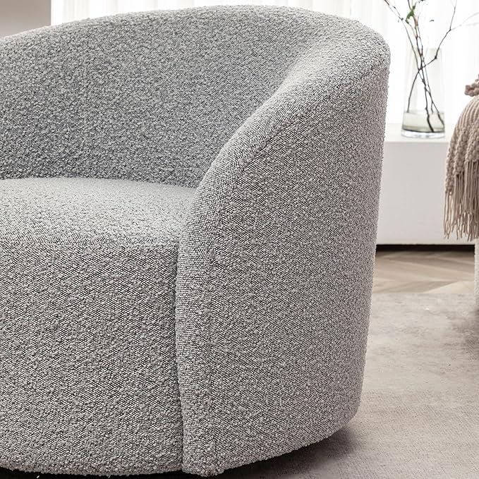 KINWELL 34" W Mid Century Modern Swivel Barrel Chair, Round Upholstered Boucle Swivel Accent Chairs, No Assembly Sofa Chair for Living Room Bedroom Reading Apartment Lounge Nursery(Black White)