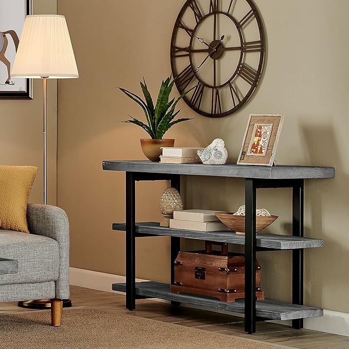 Pomona 48 in. Industrial Metal & Solid Wooden Media/Console Table, Slate Gray - Home, Living Room Furniture - Featuring 3 Solid Wood Tops & Metal Legs, 16 in. D Perfect for Any Room
