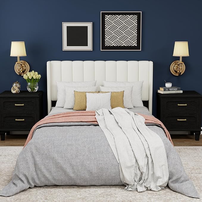 Upholstered Platform Full Size Bed Frame with Headboard Wooden Slats Support No Noise Easy Assembly White Linen