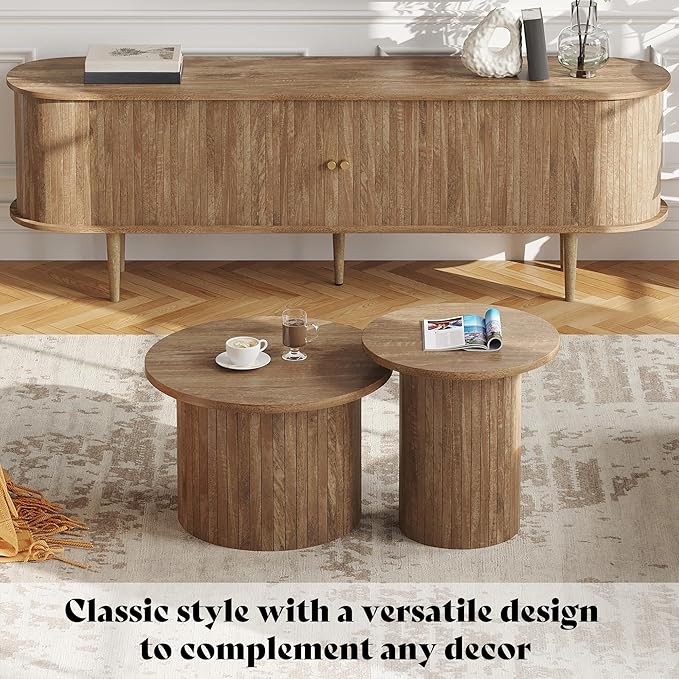 AMERLIFE 70" TV Stand with Solid Wood Legs, Mid Century Modern TV Console with Tambour Door for 80-inch TV, Dust-Proof Storage Cabinet for Living Room, Natural Oak