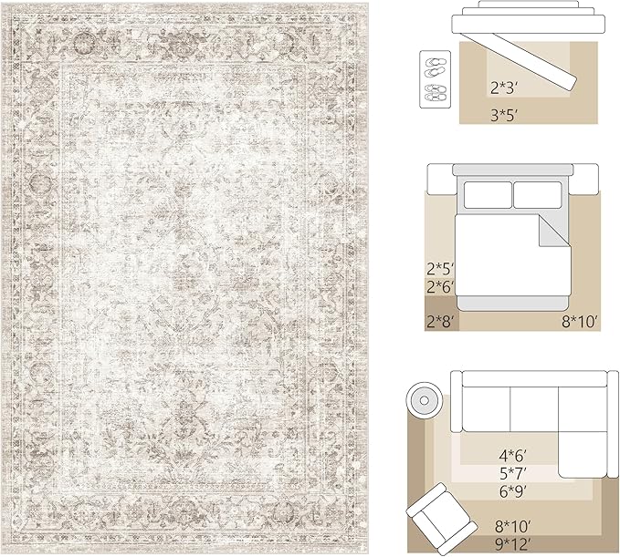 FMFUNCTEX 8x10 Washable Area Rug Beige Vintage Neutral Distressed Large Non Slip Carpet for Living Room Bedroom Soft Low Pile Indoor Mat Retro Floral Throw Rug for Dining Room Kitchen Office Nursery