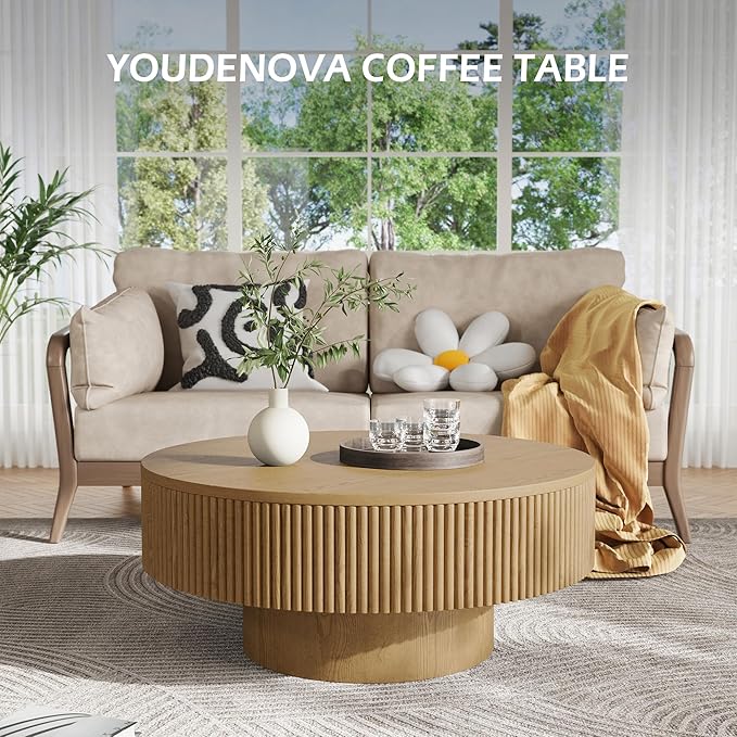 35” Round Fluted Coffee Table, Modern Wood Circle Coffee Table, Veneer Handcrafted Relief Tea Table with Sturdy Pedestal for Living Room, Easy Assembly - Natural
