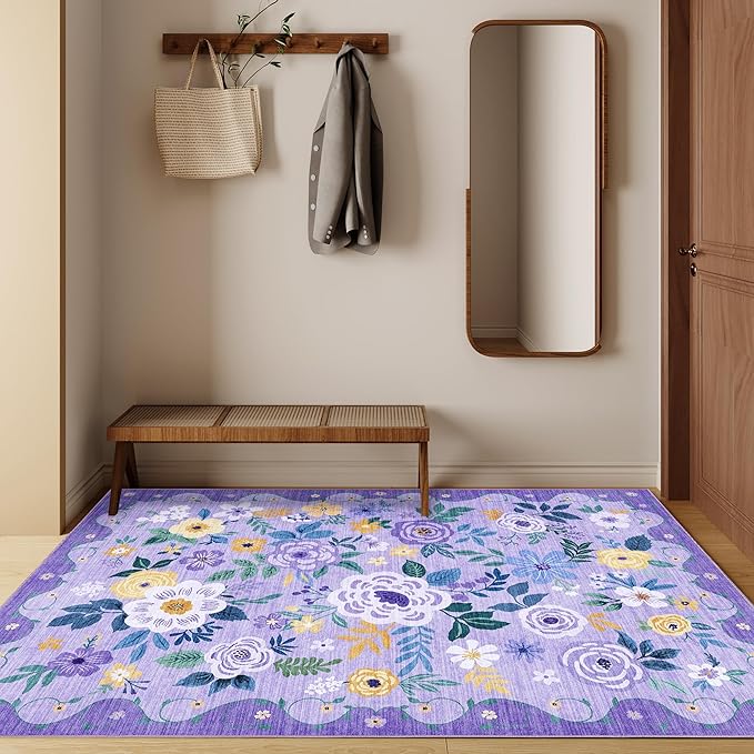 DUKINO 4x6 Area Rug, Lightweight Non Slip Washable Floral Rug, Indoor Low Pile & Non-Shedding Boho Design Rugs for Bedroom, Living Room, Dining Room, Purple