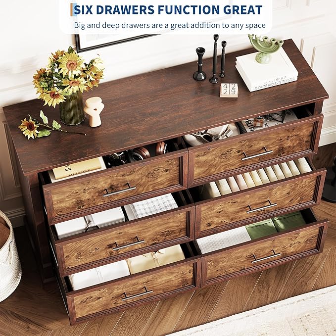GAOMON Brown 6 Drawer Dresser for Bedroom, Farmhouse 47.2" Wide Chest of Drawers with Metal Handles, Rustic Double Wood Dresser, Storage Dressers Organizer for Living Room, Nursery
