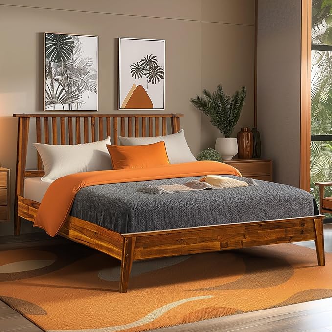 Acacia Kaylin Bed Frame with Headboard Solid Wood Platform Bed, Queen Bed Frame, Themed Headboard Wood Bed Compatible with All Mattress Types, No Box Spring Needed, Quick & Easy Assembly, Caramel.