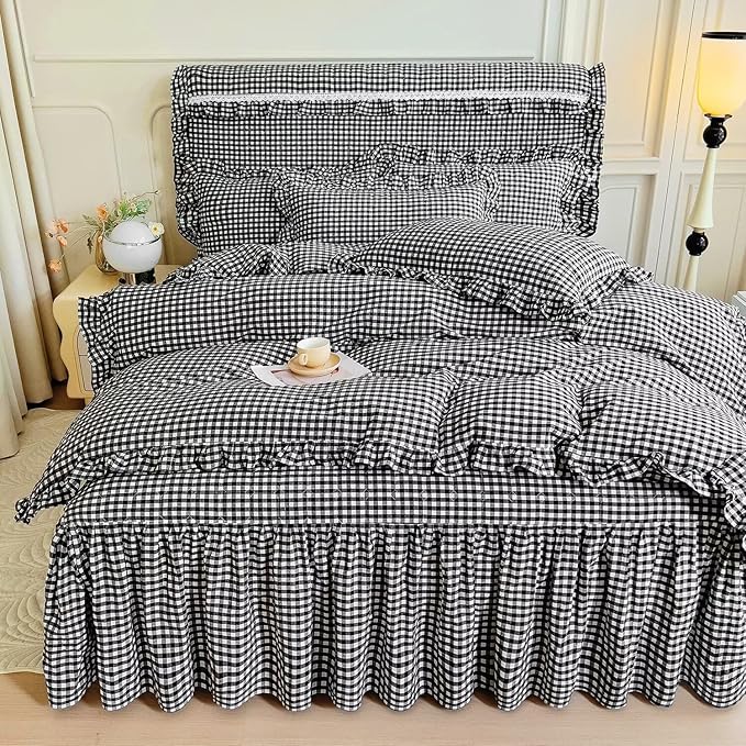 mixinni Vintage Black Gingham Ruffle Comforter Set 3-Piece Washed Cotton Full Size Grid Bedding Set with Geometric Checkered Pattern, Farmhouse Chic Soft Fluffy Comforter for All-Season