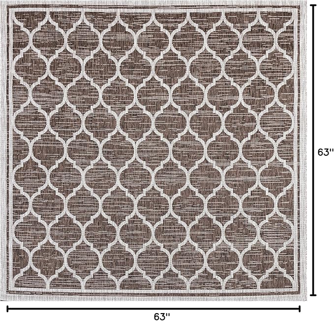 Eyely BMS109B-5SQ Santa Monica Trebol Moroccan Trellis Textured Weave Indoor/Outdoor Area Rug Coastal;Bohemian, Bedroom, Backyard, Patio, Easy-Cleaning, Non-Shedding, 5' Square, Espresso/Taupe