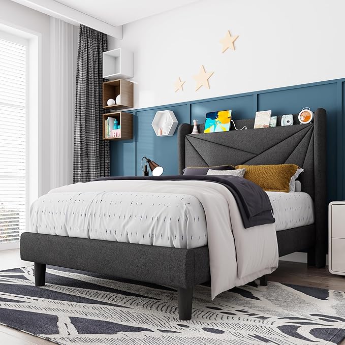 Feonase Twin Size Bed Frame with Charging Station, Upholstered Linen Platform Bed Frame with Wingback Headboard, Solid Wood Slats Support, No Box Spring Needed, Noise Free, Charcoal Grey