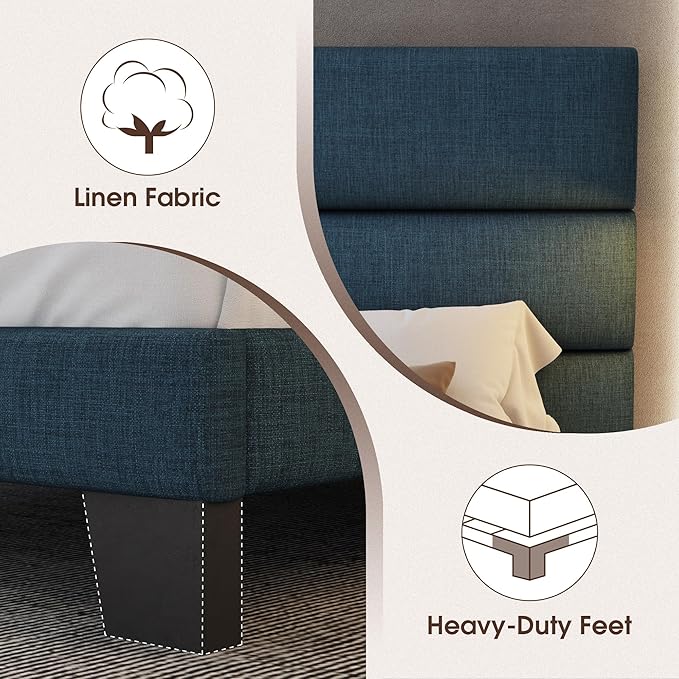WEEWAY Queen Bed Frame Platform Bed with Linen Fabric Upholstered Headboard and Wooden Slats Support, Heavy Duty Mattress Foundation, No Box Spring Needed, Easy Assembly, Navy Blue