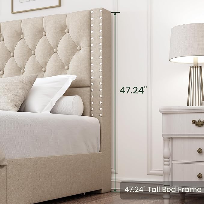 King Size Bed Frame with 4 Storage Drawers and Tufted Headboard Linen Upholstered Platform Bed Frame with Heavy Duty Wood Slats, No Box Spring Needed, Easy Assembly, Beige