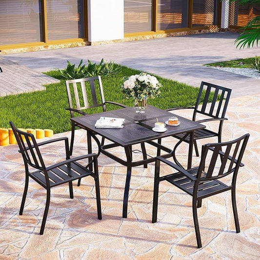 PHI VILLA 5 Pieces Outdoor Dining Set for 4, Metal Steel Square Table with Umbrella Hole & Stackable Black Wrought Iron Chairs, Heavy-Duty Dining Furniture for Patio, Deck, Backyard, Porch