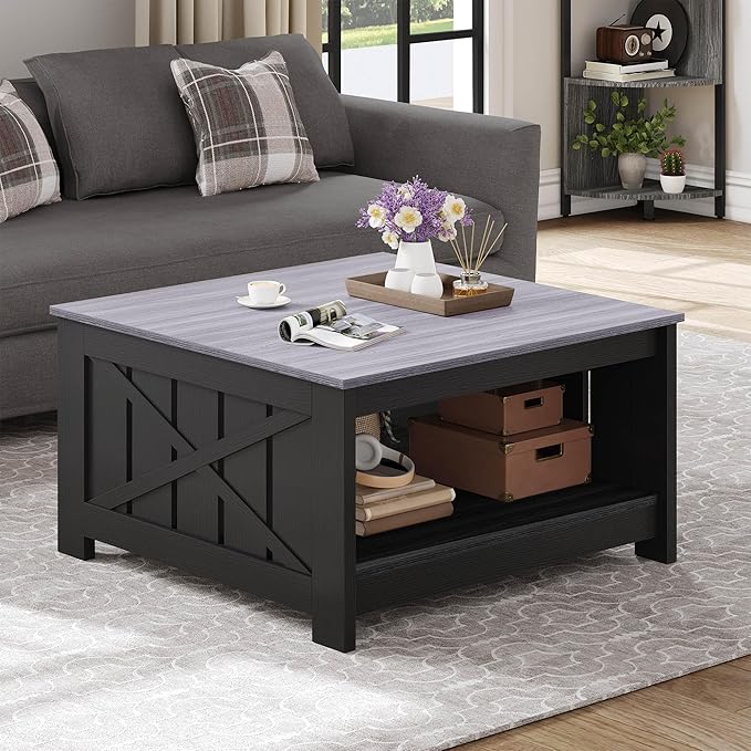 YITAHOME Farmhouse Coffee Table with Storage Rustic Wood Cocktail Table, Square Coffee Tables for Living Meeting Room with Half Open Storage Compartment, Grey and Black
