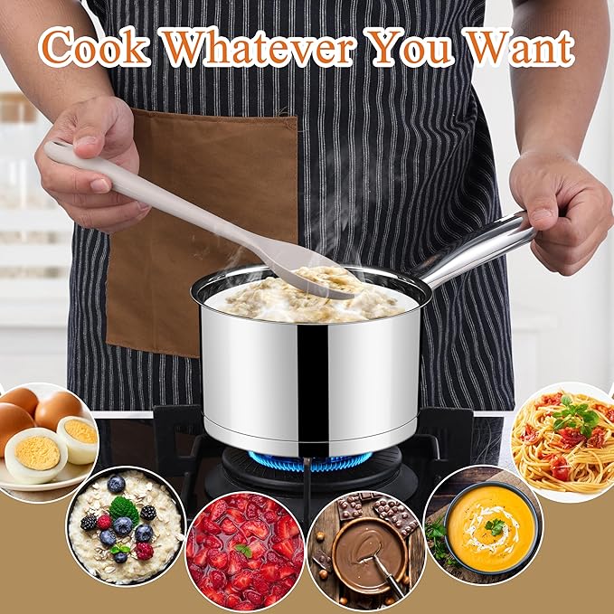 LIANYU Sauce Pan Set with Lid, 1 QT & 2 QT Stainless Steel Saucepan Pot Set, Tri-Ply Bottom Small Pot for Kitchen Cooking, Dishwasher Safe, Compatible with All Cooktops