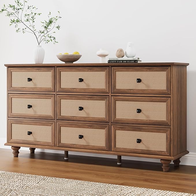 9 Drawer Dresser for Bedroom, Mid Century Modern Wide Wood Rustic Chest of Drawers Wooden Storage Organizer Dressers with Burlap Rattan Drawers for Living Room, Hallway Closet, Entryway, Walnut