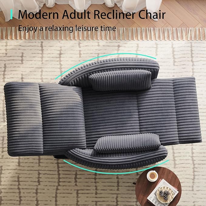 LINSY 360 Swivel Recliner Chair: Corduroy Rocking Chair Nursery Glider Chairs with 2 Pillows Comfy High Back Adult Recliner for Small Spaces, Living Room Bedroom Nursery Reclining Chairs, Dark Grey