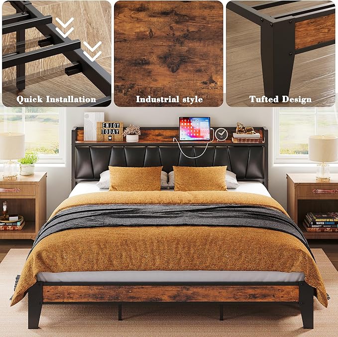 LIKIMIO California King Bed Frame, Storage Headboard with Charging Station, Solid and Stable, Noise Free, No Box Spring Needed, Easy Assembly (Vintage and Black)