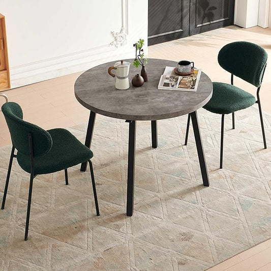 3-Pieces Kitchen Dining Table Set for 2, Grey Round Table MDF with 4 Metal Hooks for Hanging, Modern Dining Room Table Set with 2 Seated Green Boucle Dining Chairs for Small Spaces