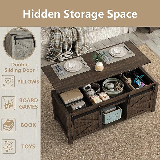 47.3'' Lift Top Coffee Table Rectangle Farmhouse Coffee Table with Storage Rustic Center Table with Sliding Barn Doors for Living Room, Home, Dark Brown